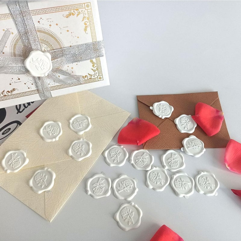 Pilloze 50 Pcs Adhesive White Rose Wax Seal Stickers, Roses Seal for Envelope, Easy to Use and Good Adhesion White Envelope Stickers, Wedding Invitation Accessories - Image 5